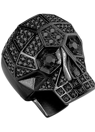 Biker Ring XXL Totenkopf Edelstahl Schwarz mit Kristallen