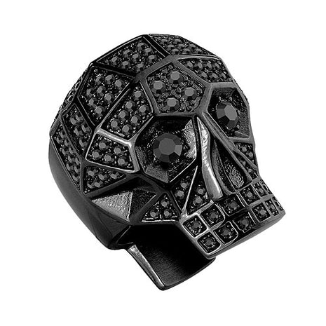 Biker Ring XXL Totenkopf Edelstahl Schwarz mit Kristallen