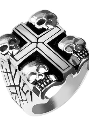 Skull Ring with Cross Rocker Biker Signet Ring Stainless Steel Solid 