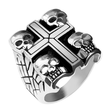 Skull Ring with Cross Rocker Biker Signet Ring Stainless Steel Solid 