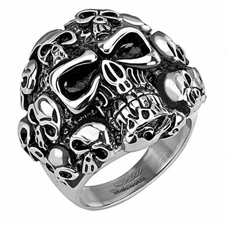 Biker Ring Edelstahl Fingerring mit vielen Totenköpfen