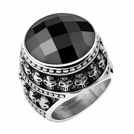 Herren Biker Ring Schädel Muster Totenkopf schwarzer Kristall