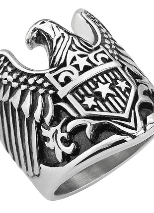 Men's Biker Ring with Eagle with Star Shield Solid Stainless Steel 