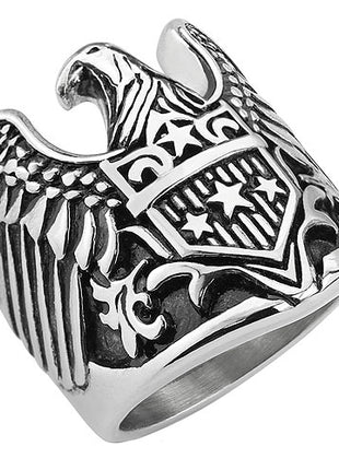 Herren Biker Ring mit Adler mit Sternschild Edelstahl Massiv