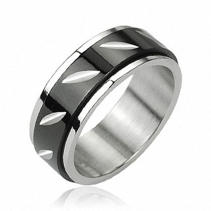 Edelstahl Spinning Ring Tribal Cut Inlay Schwarz