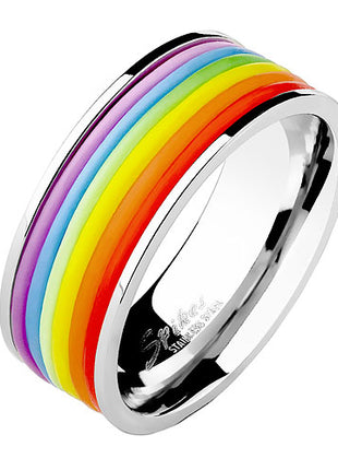 Edelstahl Ring Silber poliert Regenbogen Rainbow Silikon Streifen