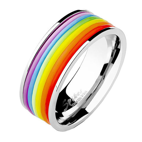 Edelstahl Ring Silber poliert Regenbogen Rainbow Silikon Streifen