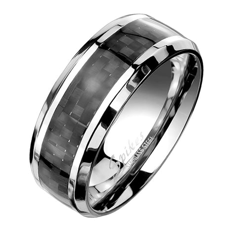 Herren Damen Ring Edelstahl Silber schwarzes Carbon Inlay schräge Kanten