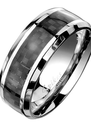 Herren Damen Ring Edelstahl Silber schwarzes Carbon Inlay schräge Kanten