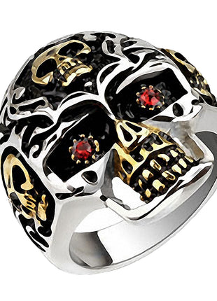 Biker Rocker Ring Biker Jewelry Skull Gold Plated Red Eyes 