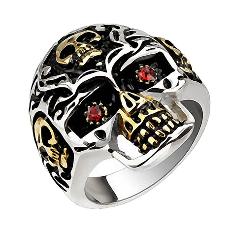 Biker Rocker Ring Biker Jewelry Skull Gold Plated Red Eyes 