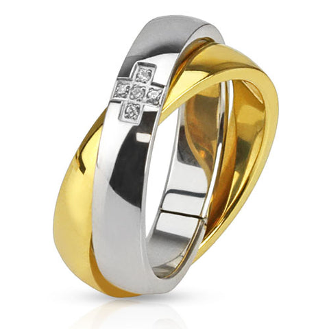 Damen Schmuck Ring Zweifarbig vergoldet mit Kristall Kreuz