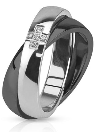 Damen Schmuck Ring Zweifarbig Schwarz mit Kristall Kreuz