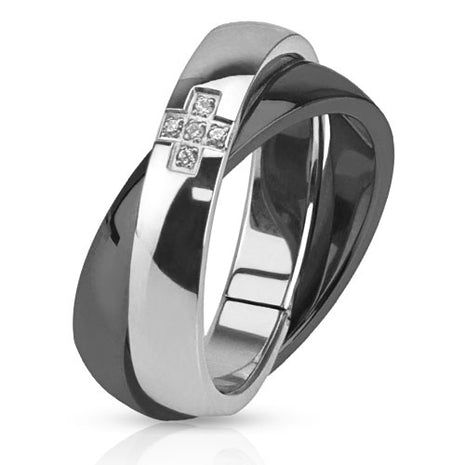 Damen Schmuck Ring Zweifarbig Schwarz mit Kristall Kreuz