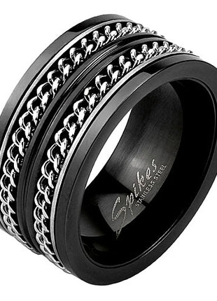 Herren XL Edelstahl Spinner Ring Schwarz bewegliche Doppelketten