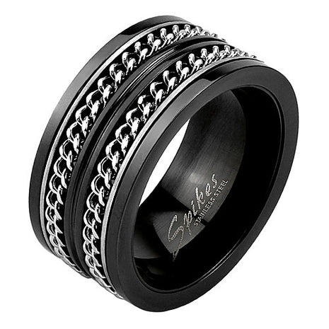 Herren XL Edelstahl Spinner Ring Schwarz bewegliche Doppelketten