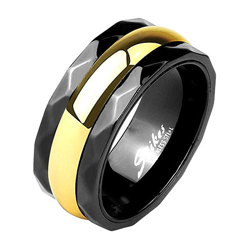 Schwarz goldener Facettierter Edelstahl Spinning Ring