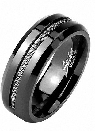 Herren Edelstahl Schmuck Band Ring Schwarz eingefassten Kabel