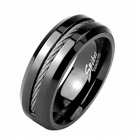 Herren Edelstahl Schmuck Band Ring Schwarz eingefassten Kabel