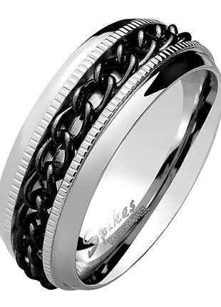 Facettierter Spinner Ring Ketten Center Schwarz Edelstahl Silber