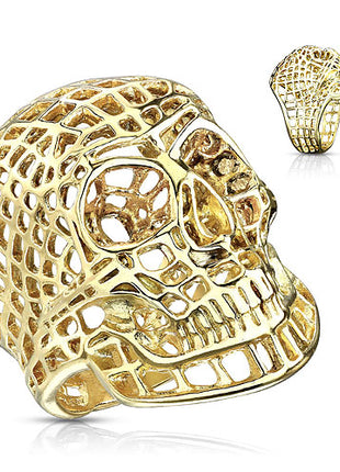 Men's Biker Rocker Ring Skull Stainless Steel Grid Gold Plated 