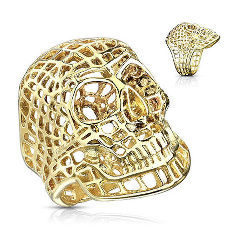 Men's Biker Rocker Ring Skull Stainless Steel Grid Gold Plated 