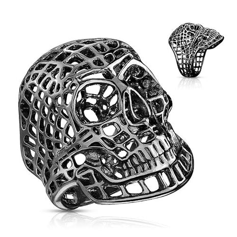 Men's Biker Rocker Ring Skull Stainless Steel Grid Black 