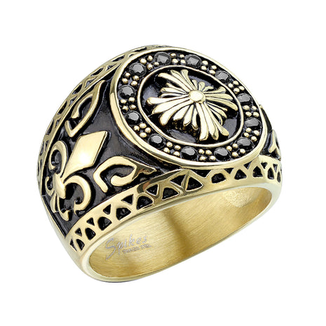 Biker Rocker Ring Celtic Cross Gold Plated with Bourbon Lily 