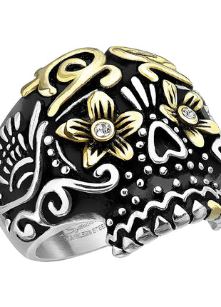 Biker Rocker Ring Skull Dia De Los Muertos Sugar Skull Gold Plated 