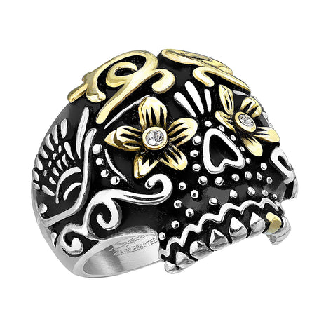 Biker Rocker Ring Totenkopf Dia De Los Muertos Zuckerschädel vergoldet