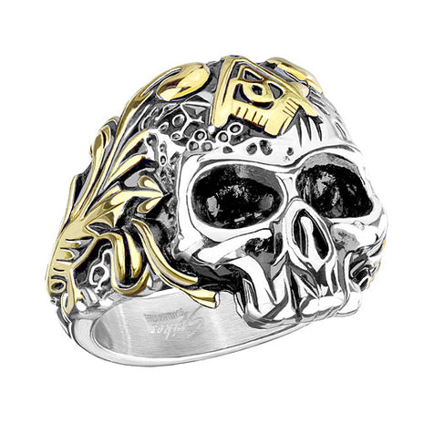 Biker Rocker Ring Totenkopf Schädel Freimaurer Zeichen Symbol vergoldet