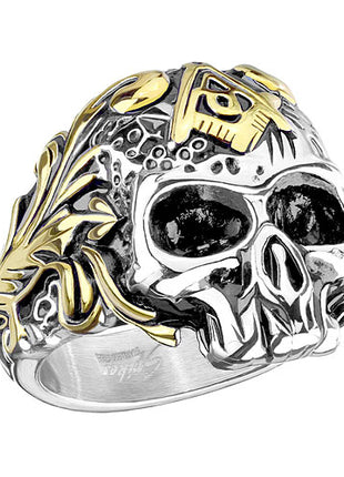 Biker Rocker Ring Totenkopf Schädel Freimaurer Zeichen Symbol vergoldet