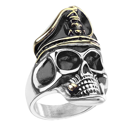 Biker Rocker Ring Skull Pirate Captain Hat Gold Plated 