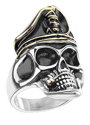 Biker Rocker Ring Totenkopf Schädel Piraten Kapitän Hut vergoldet