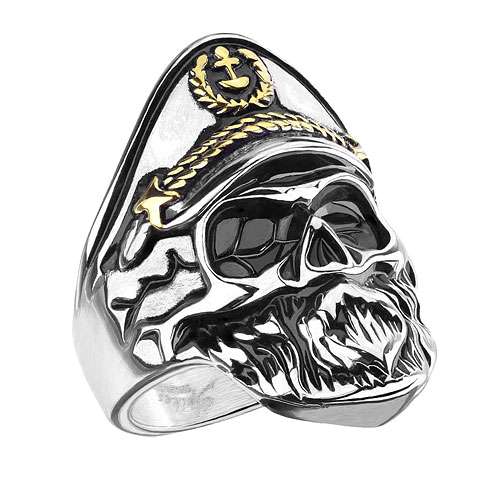 Biker Rocker Ring Totenkopf Schädel alter Seefahrt Kapitän vergoldet