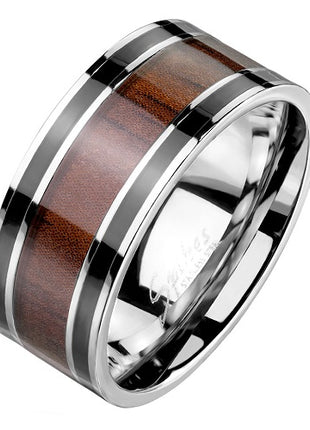 Edelstahl Ring Holz Inlay Unisex  Fingerring Schwarze Linien Holzmaserung