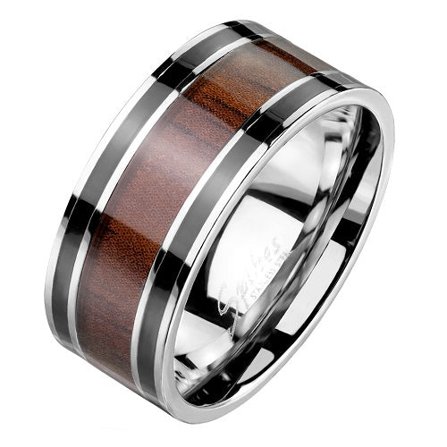 Edelstahl Ring Holz Inlay Unisex  Fingerring Schwarze Linien Holzmaserung