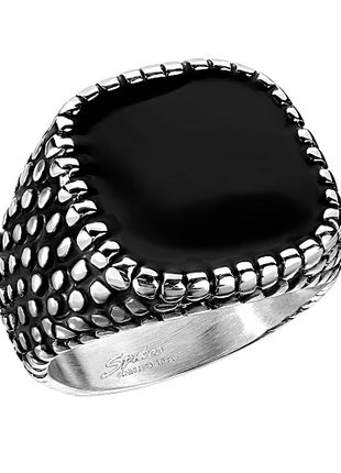 Herren Siegelring Biker Ring Edelstahl Silber schwarzer Stein Drachenhaut Style