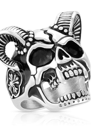 Men's Biker Ring Demon Skull Ram Horns Celtic Cross 