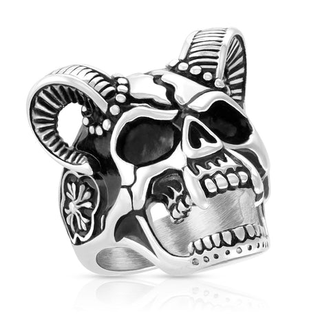 Men's Biker Ring Demon Skull Ram Horns Celtic Cross 