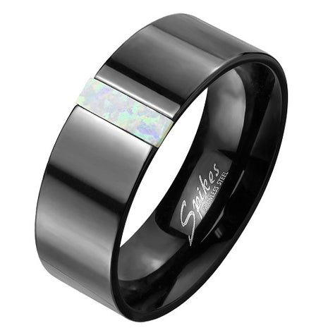 Edler Edelstahl Ring Schmuck Fingerring Schwarz mit eingefasste rechteckigen Opal