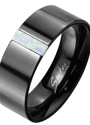 Edler Edelstahl Ring Schmuck Fingerring Schwarz mit eingefasste rechteckigen Opal