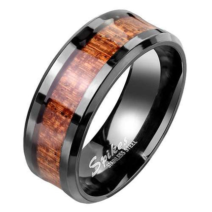 Edelstahl Ring Damen Herren Band Fingerring Schwarz Holz Inlay Holzmaserung