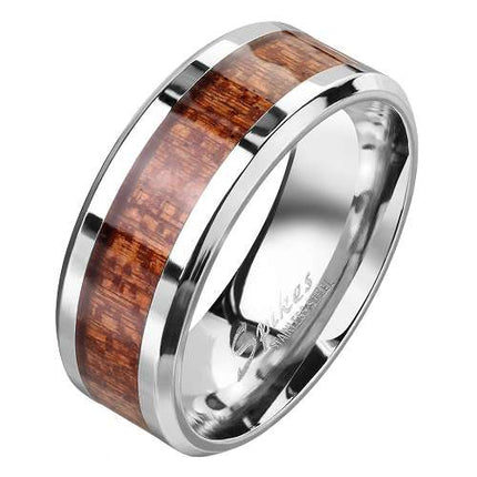 Edelstahl Ring Damen Herren Band Fingerring Silbern Holz Inlay Holzmaserung
