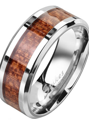 Edelstahl Ring Damen Herren Band Fingerring Silbern Holz Inlay Holzmaserung