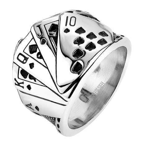 Men's Biker Rocker Ring Poker Cards Royal Straight Flush Stainless Steel 