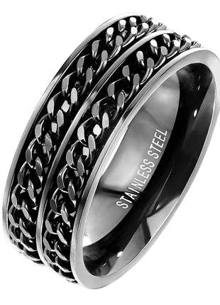 Spinning Ring Stainless Steel Men Biker Double Chain Style Black 