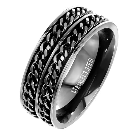 Spinning Ring Edelstahl Herren Biker Doppelketten Style Schwarz