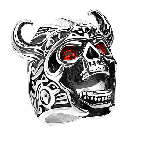 Wikinger Schädel Ring Totenkopf Biker Rocker Ring mit roten Kristall Augen