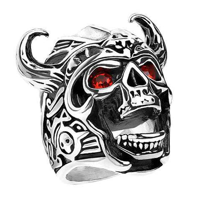 Wikinger Schädel Ring Totenkopf Biker Rocker Ring mit roten Kristall Augen